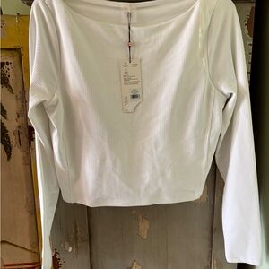 Women's White Ribbed Long-Sleeve Scoop Neck Top